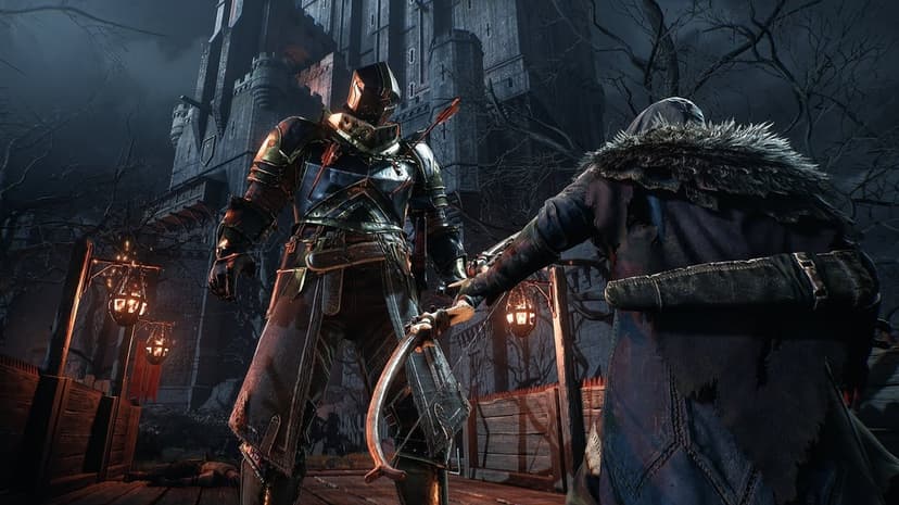 Hooded archer faces a massive armored knight on a wooden bridge before a dark gothic castle at night.