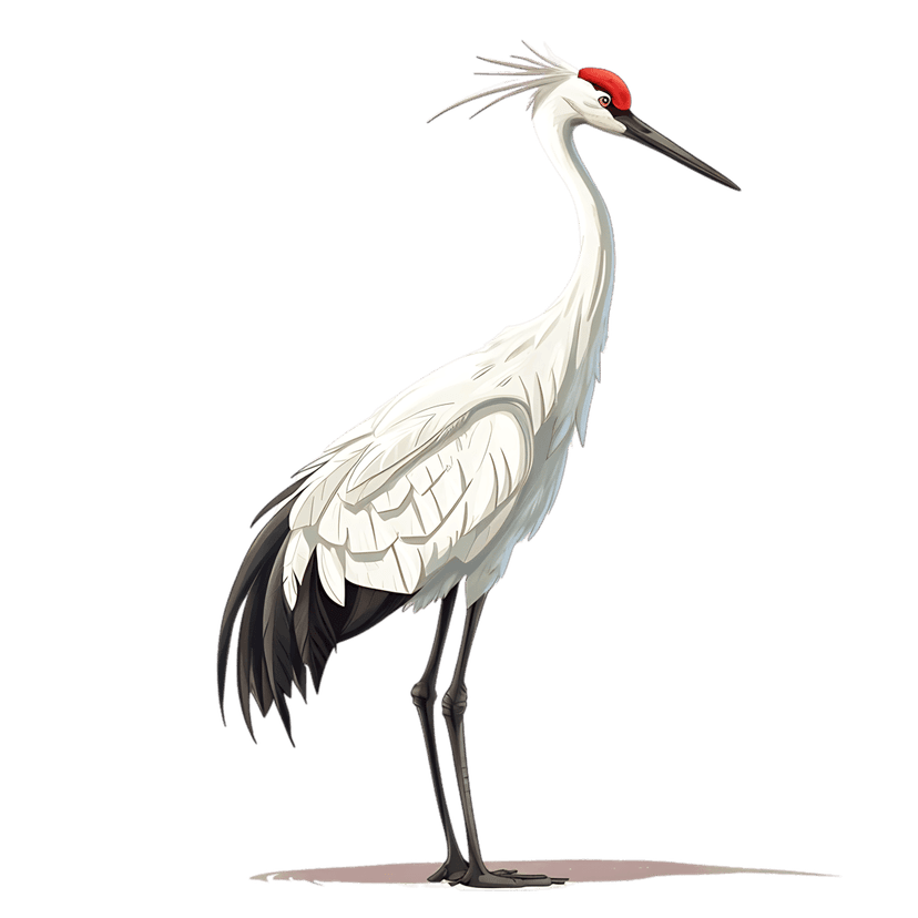 Red-crowned crane stands in profile showing white feathers, black neck markings, and a bright crimson head patch.
