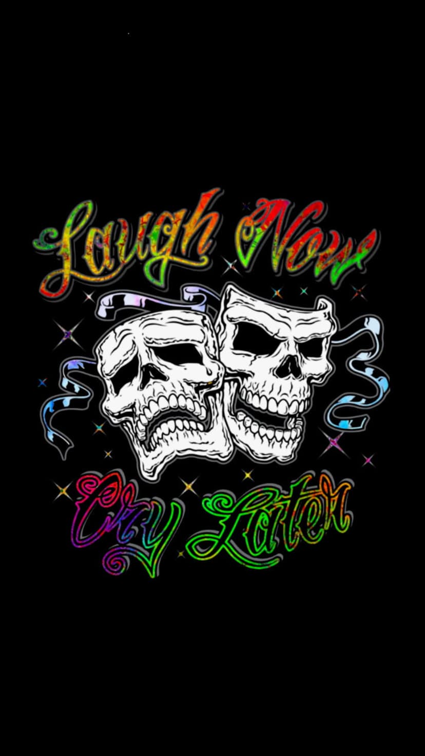 Two skull masks with comedy and tragedy expressions featuring rainbow colors and bold punk rock typography.