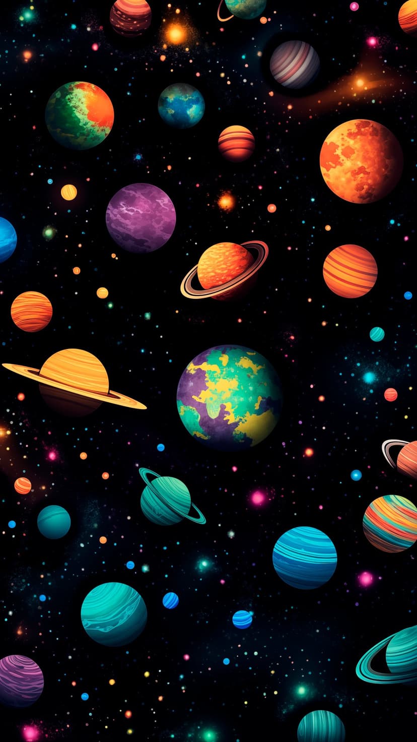 Colorful planets and glowing nebula clouds drift through a dense starfield in this vertical celestial background.