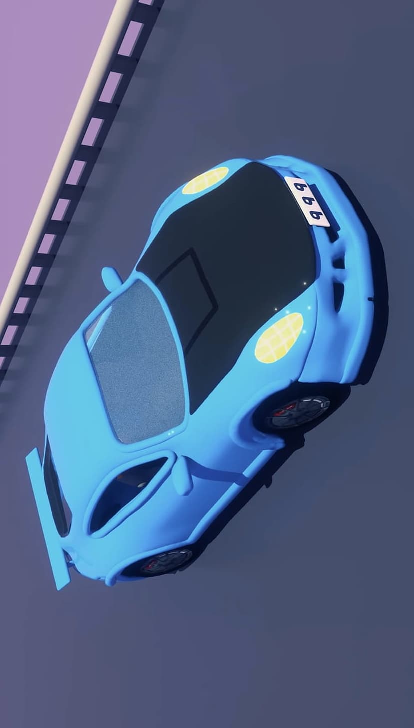 Blue sports car with yellow headlights and 666 license plate sits on a purple surface with striped barriers.