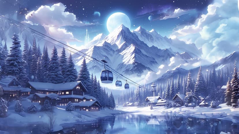 Anime winter night landscape featuring a stylized character amidst falling snow and distant glowing mountains.