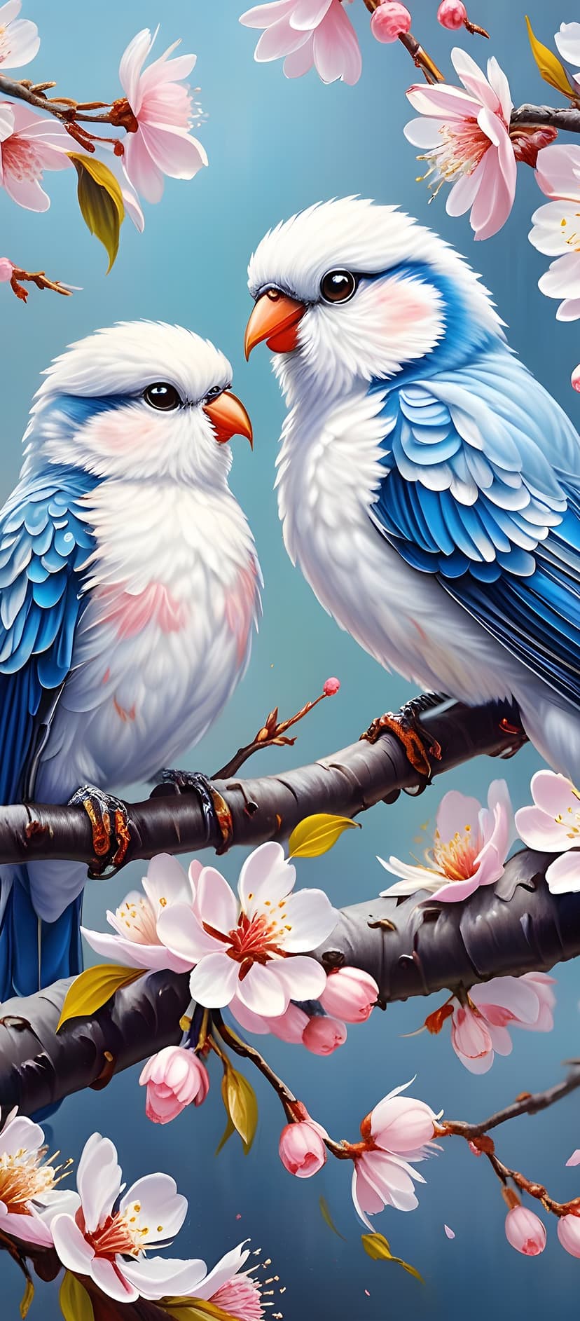 Two blue and white birds with orange beaks perch together on a cherry blossom branch with pink flowers.
