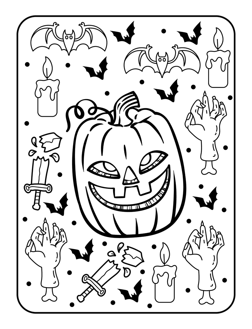 Halloween coloring page showing a grinning jack-o-lantern, flying bats, melting candles, and reaching hands.