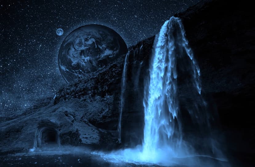 Glowing blue waterfall cascading from dark cliffs under a large Earth-like planet and moon in a starry night sky.