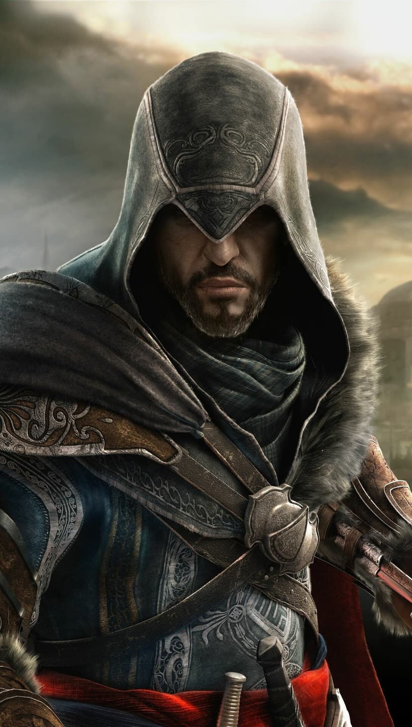 Hooded assassin Ezio Auditore with a grey beard wears fur-trimmed robes against a hazy, clouded city background.