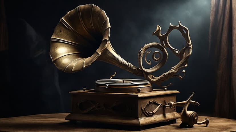Antique brass gramophone with a flared horn sits on a dark wooden table surrounded by dramatic smoky shadows.