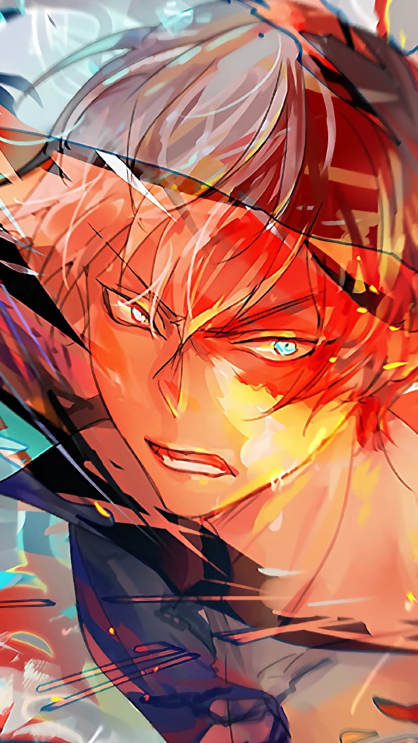 Shoto Todoroki with split red and white hair stares forward with one glowing red eye and one icy white eye.