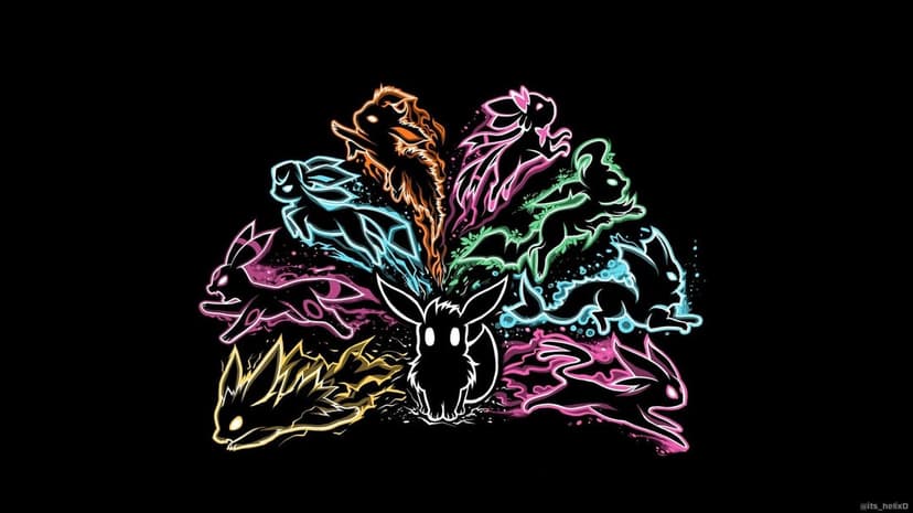 Neon line art of Eevee and all eight evolutions glowing in vibrant colors against a dark black backdrop.