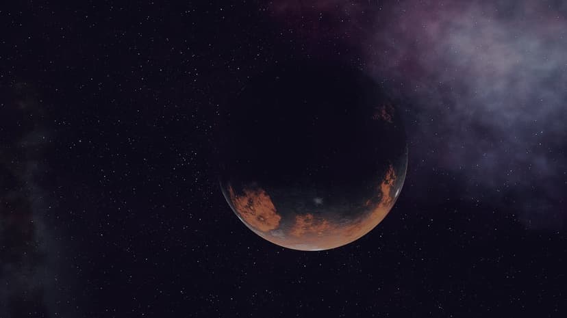 Crimson planet with textured craters partially shadowed amidst swirling purple and pink cosmic nebulae and stars.