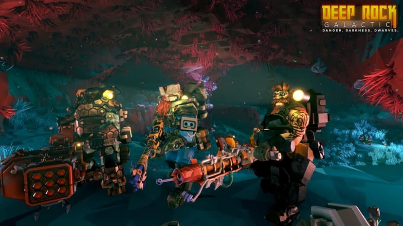Three space dwarves with heavy weapons stand in a bioluminescent teal cave with red ceiling flora.