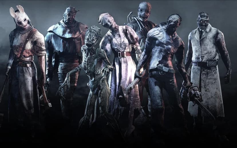 Seven horror game killers stand in a dark, foggy lineup with cinematic lighting and desaturated tones.