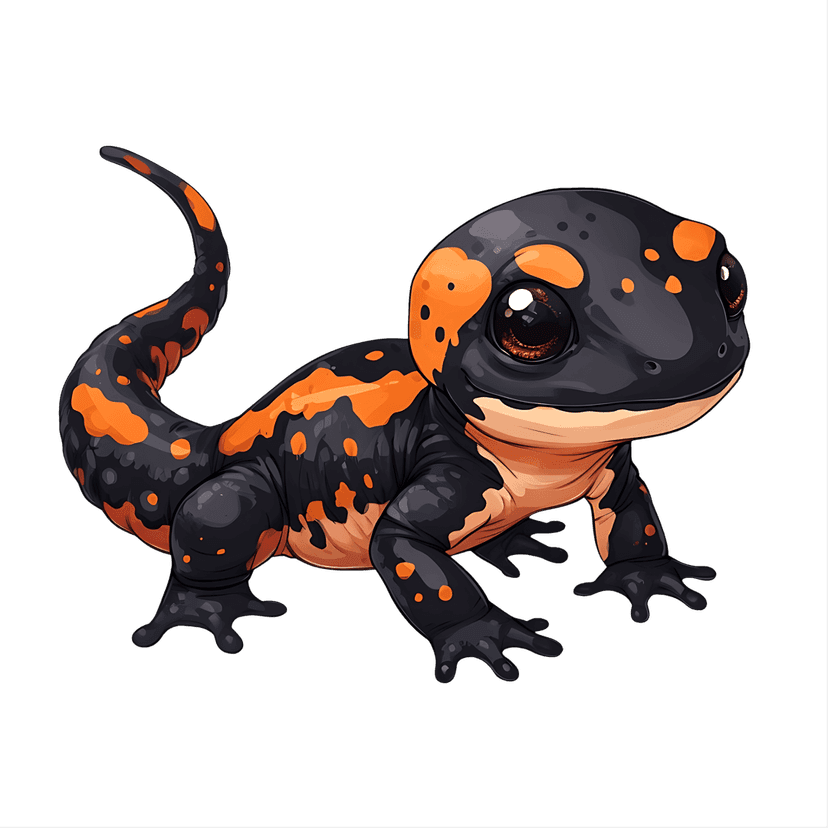 Black salamander with vibrant orange spots and glossy skin sitting in a profile view against dark background.