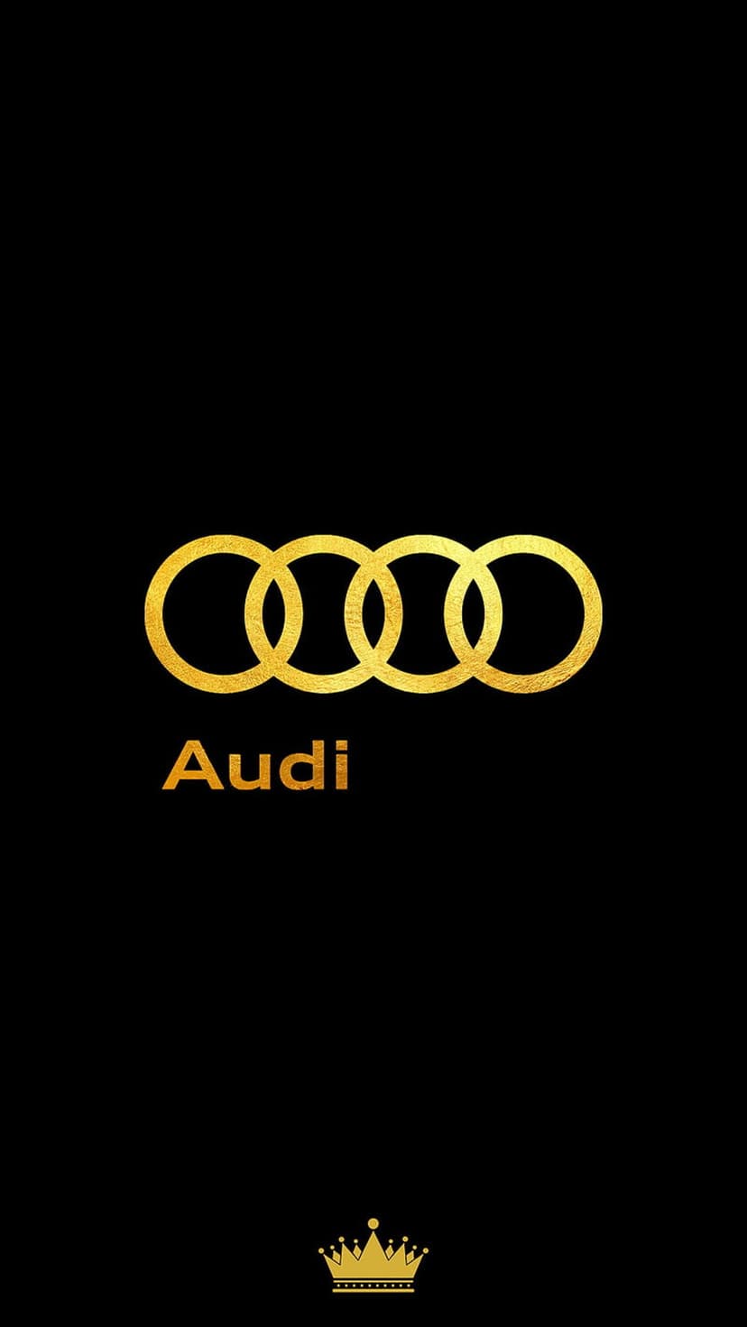 Golden Audi rings and brand name centered on a solid black background with a small crown icon at the bottom.