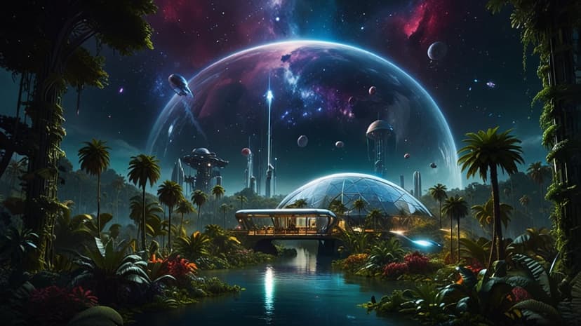 Futuristic domed city nestled in a bioluminescent jungle under a massive glowing planet in a starry sky.