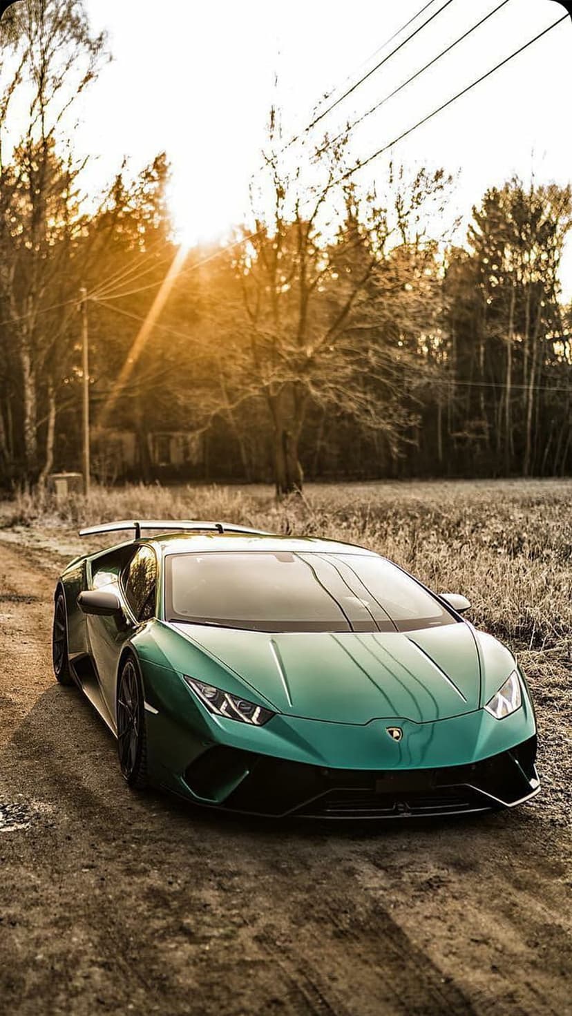 Green Lamborghini sports car on a dirt road with sunbeams piercing through bare trees during a golden sunset.