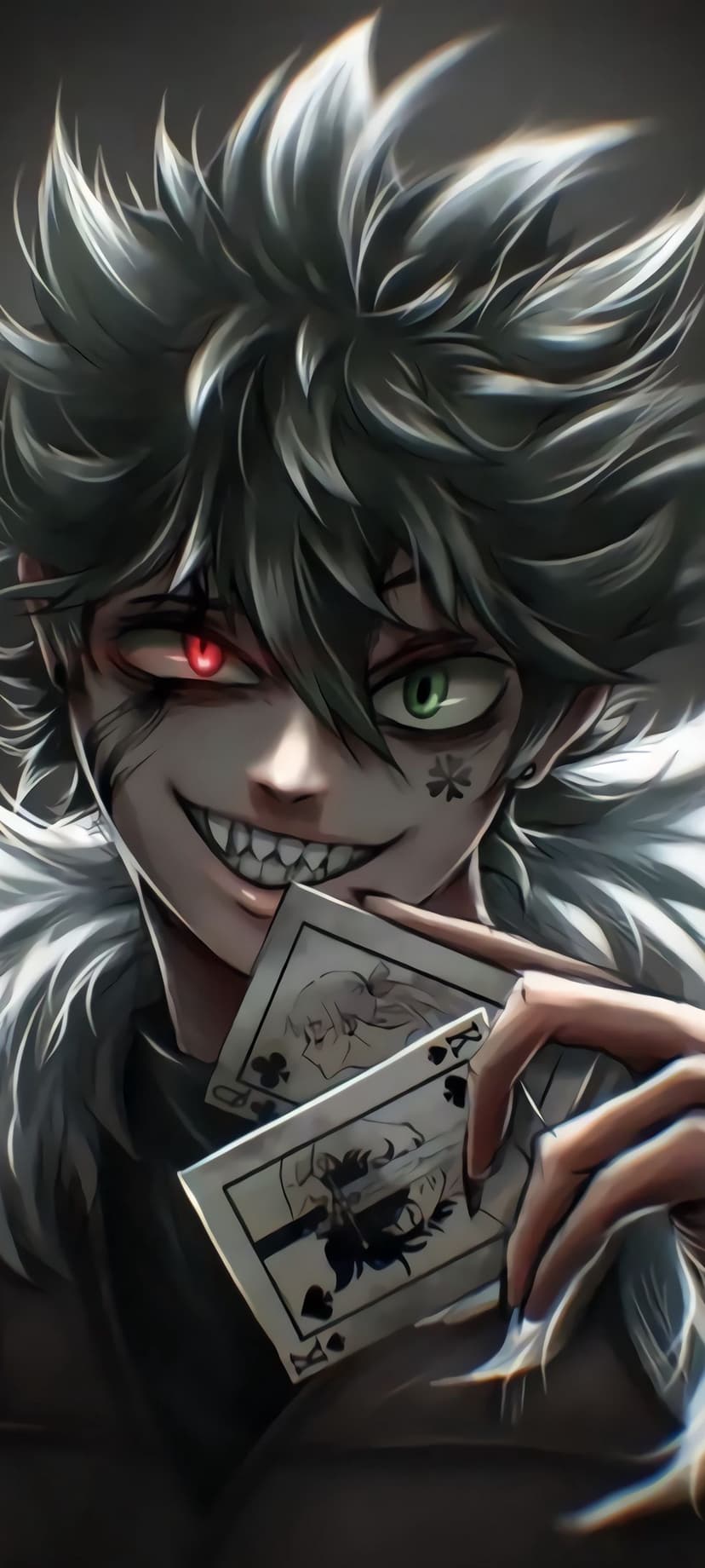 Silver-haired anime boy with red and green eyes, sharp teeth, holding King and Queen playing cards.