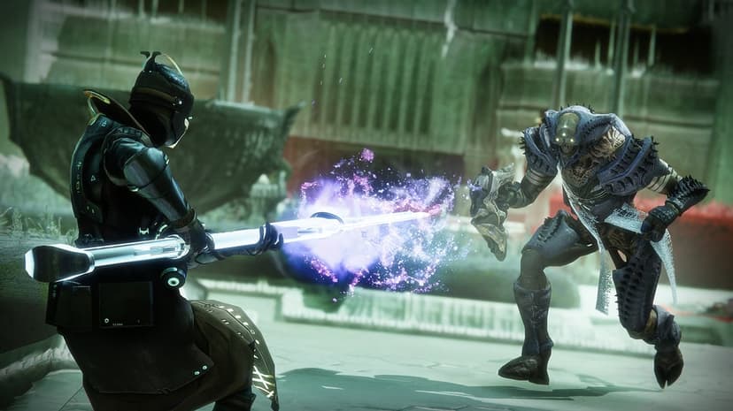 A guardian in dark armor points a glowing white glaive at a blue Hive knight in a misty green arena.