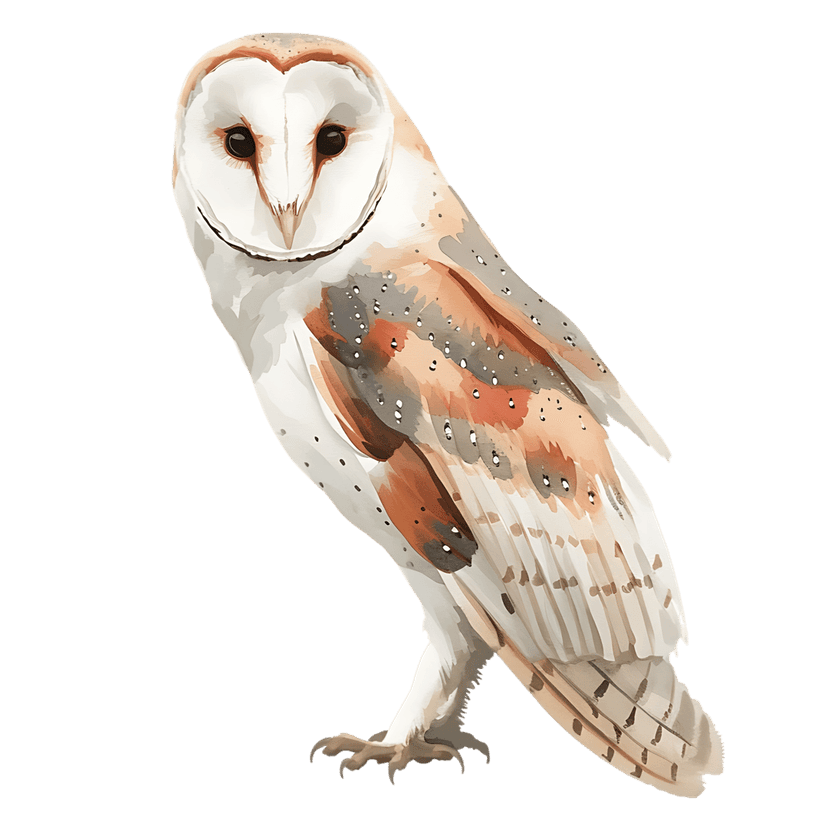 Barn owl portrait featuring detailed watercolor plumage and a heart-shaped facial disc on a black background.
