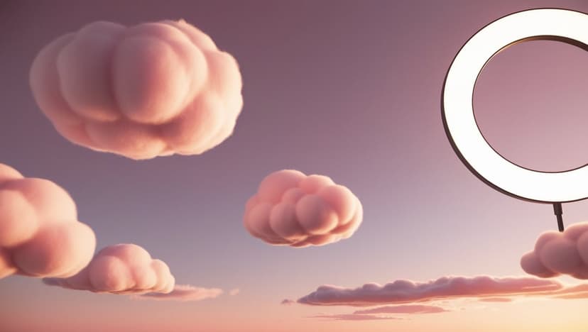Pink cumulus clouds encircle a glowing ring light against a purple gradient sky in a vertical composition.