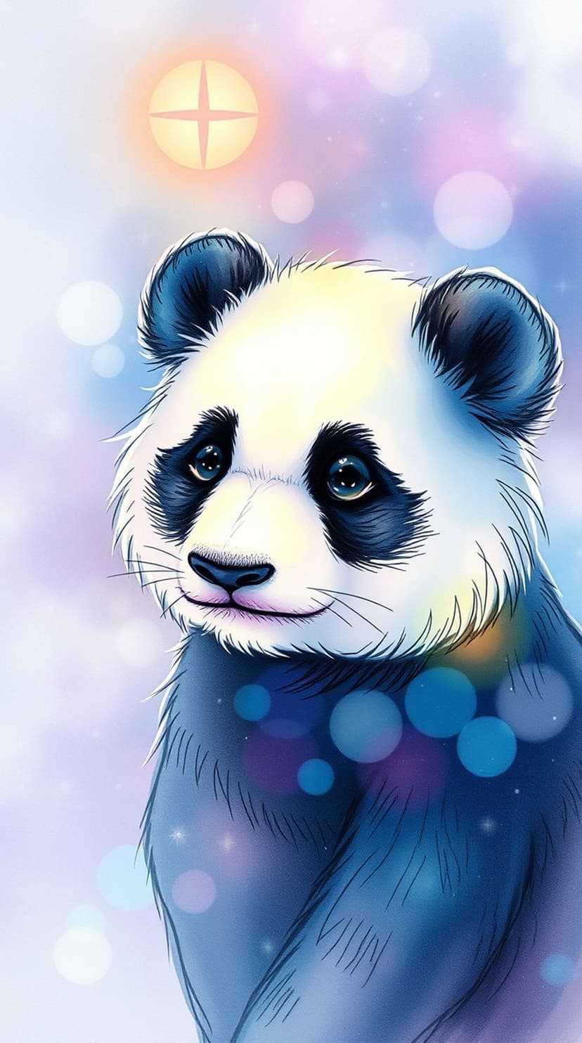 Baby panda with large dark eyes gazes forward against a soft purple and blue background of blurred light circles.
