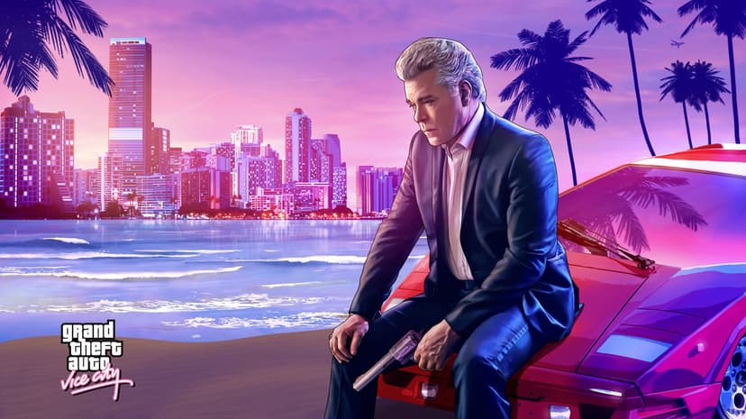 Man in a suit sitting on a red sports car holding a gun against a neon purple sunset and Miami city skyline.