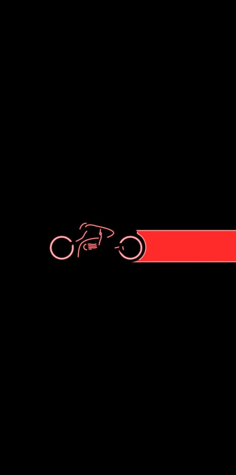 Red neon motorcycle silhouette with a horizontal light trail on a solid black background for mobile screens.