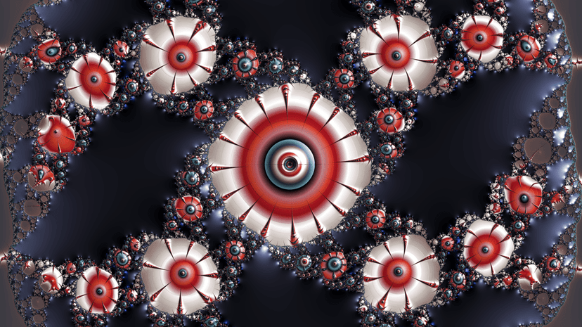 Psychedelic fractal background with vibrant neon geometric swirls and symmetrical kaleidoscopic patterns.