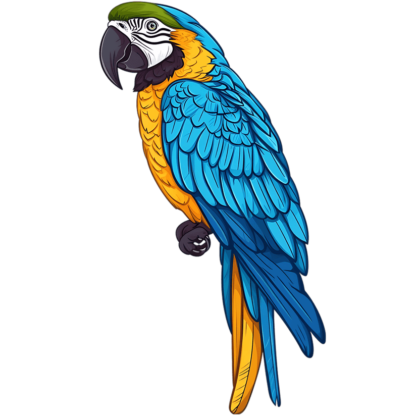 Blue and gold macaw parrot profile featuring detailed blue wings and yellow chest feathers on black background.