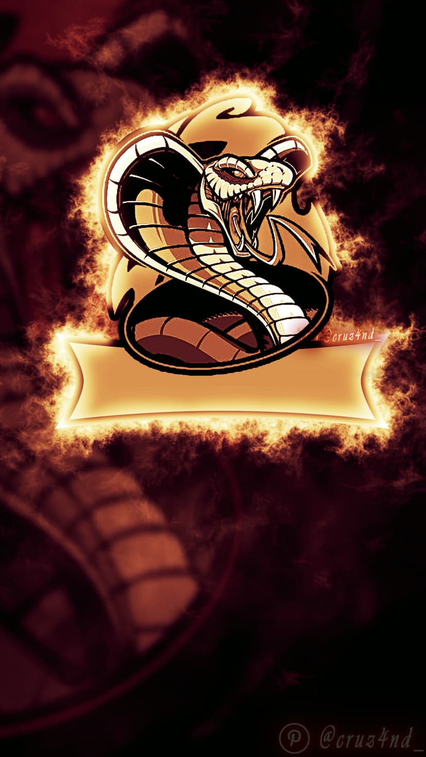 King cobra with a flared hood rises above a gold banner surrounded by swirling orange and yellow fire.