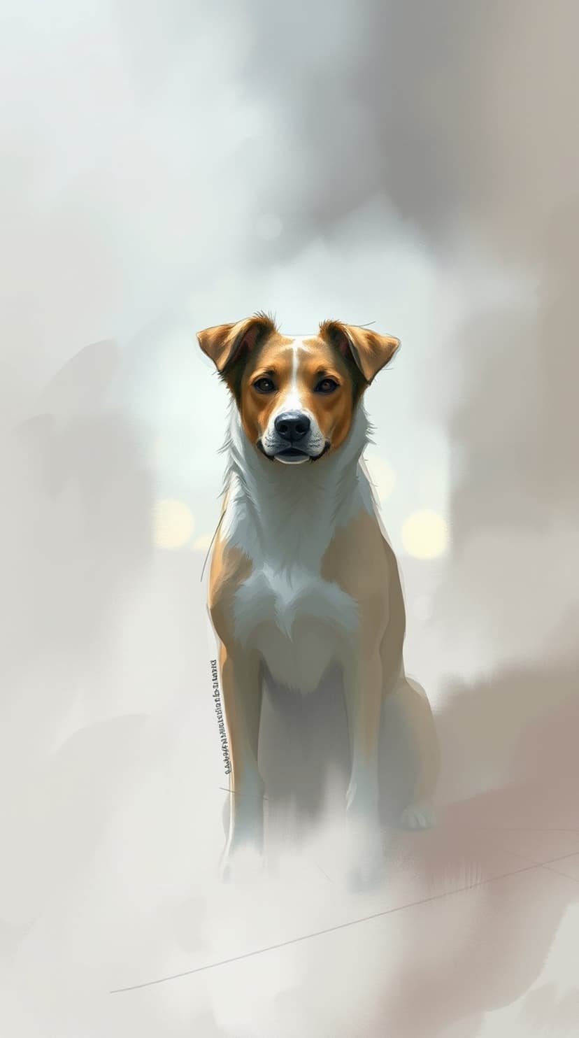 Brown and white dog sitting with perked ears and soulful eyes against a soft-focus background of golden light.