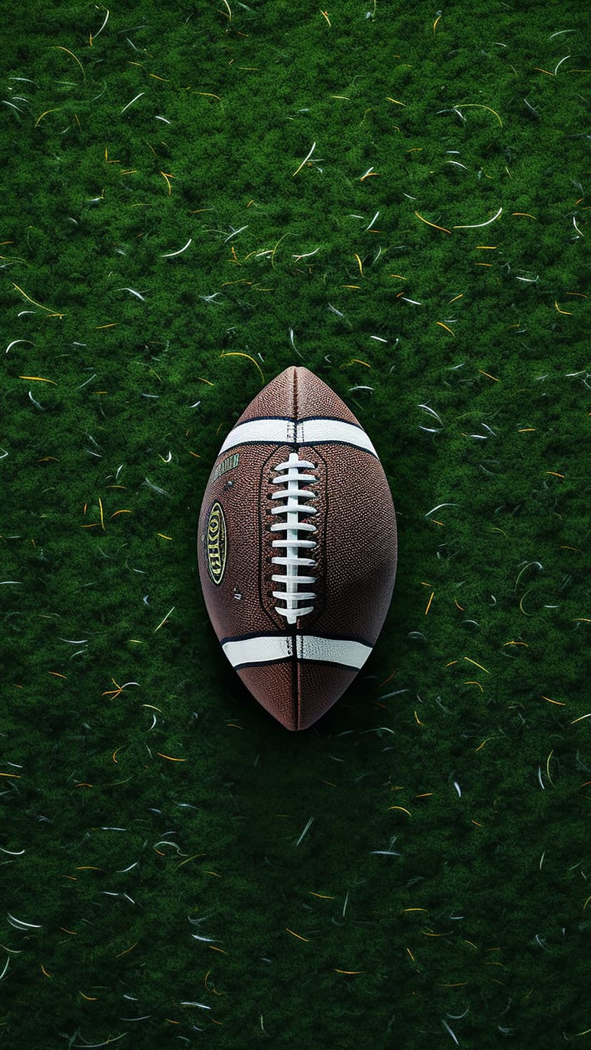 Brown leather football with white laces and stripes on a textured green turf field captured from a high angle.