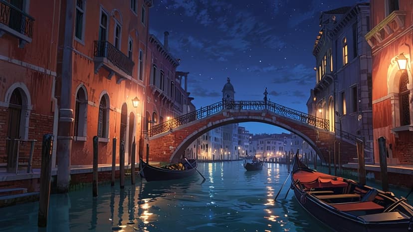 Venice stone bridge and gondolas reflect golden lantern light on a calm canal under a dark starry night sky.