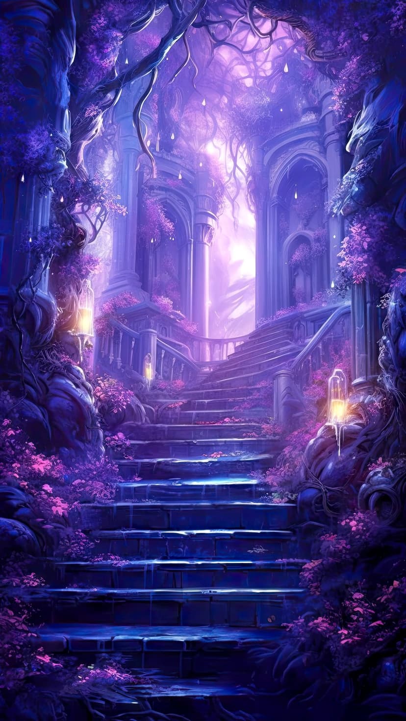 Ornate purple staircase leads to a glowing palace entrance among ancient trees with floating light orbs.