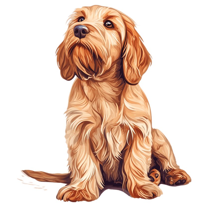 Bracco Italiano puppy with golden brown fur sits looking upward showing long ears and expressive dark eyes.