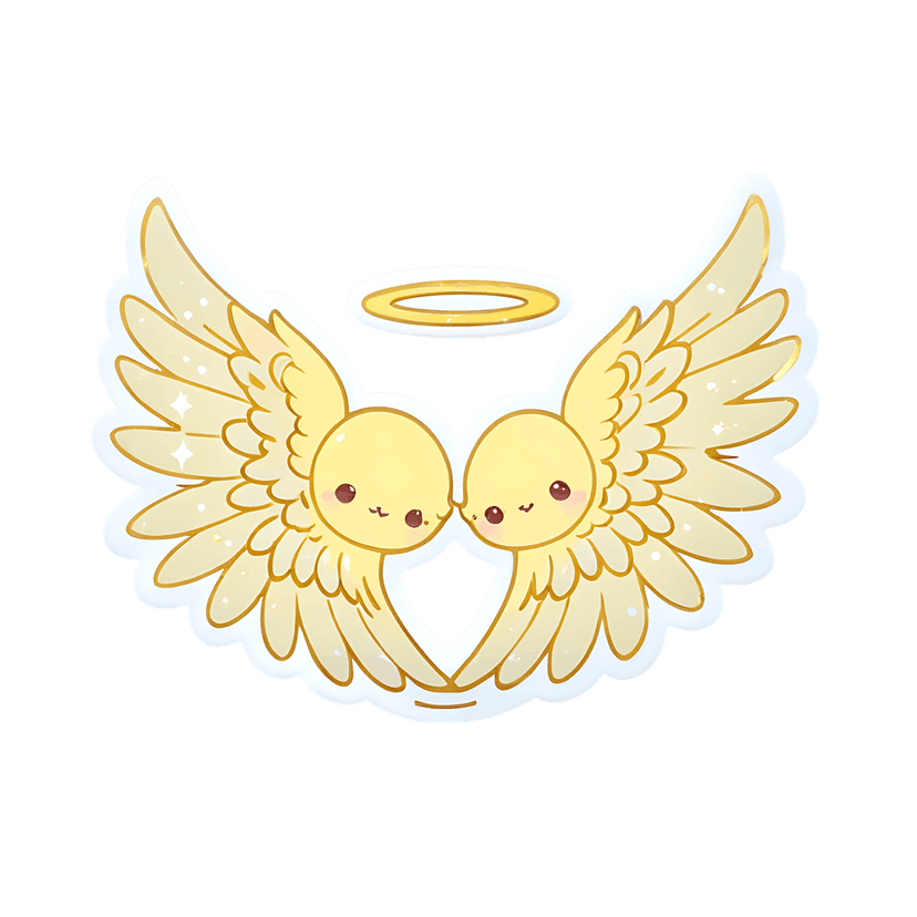 Yellow angel wings sticker with smiling faces and a golden halo features a thick white die-cut border.