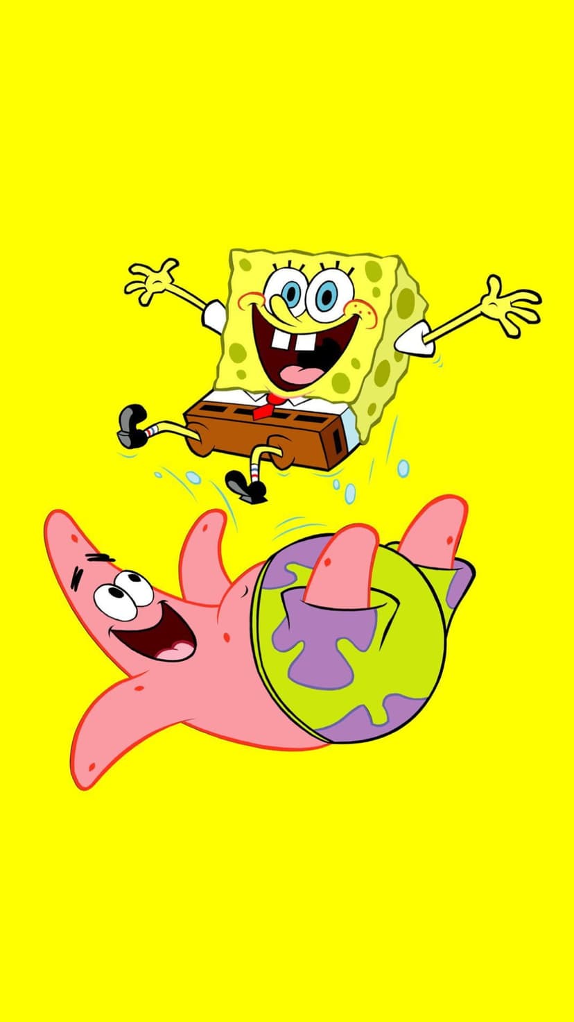 SpongeBob SquarePants jumps with Patrick Star tumbling amidst purple swirls on a bright yellow background.