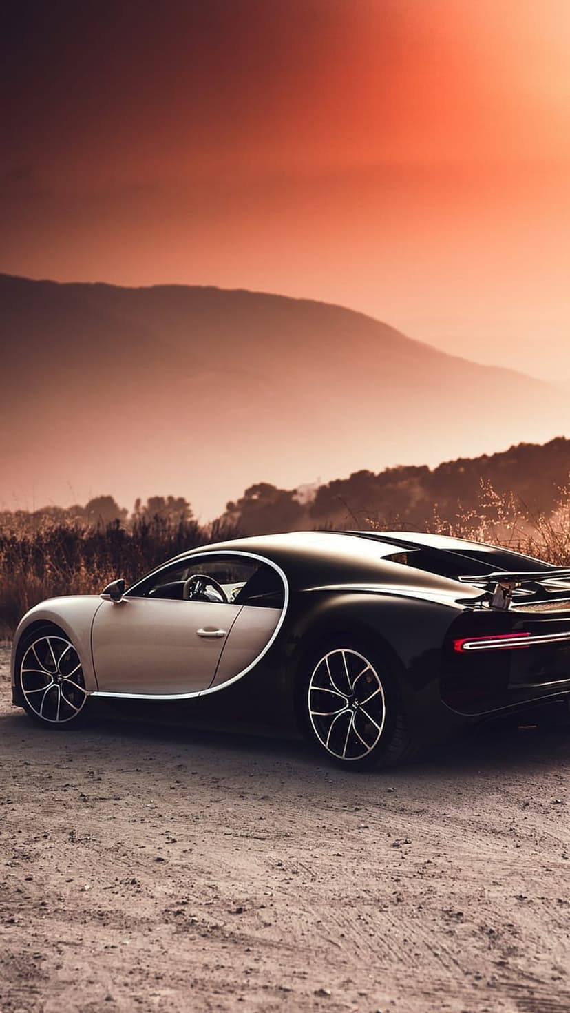 Bugatti Chiron hypercar in black and silver sits on a dirt road against a golden sunset and mountain silhouettes.