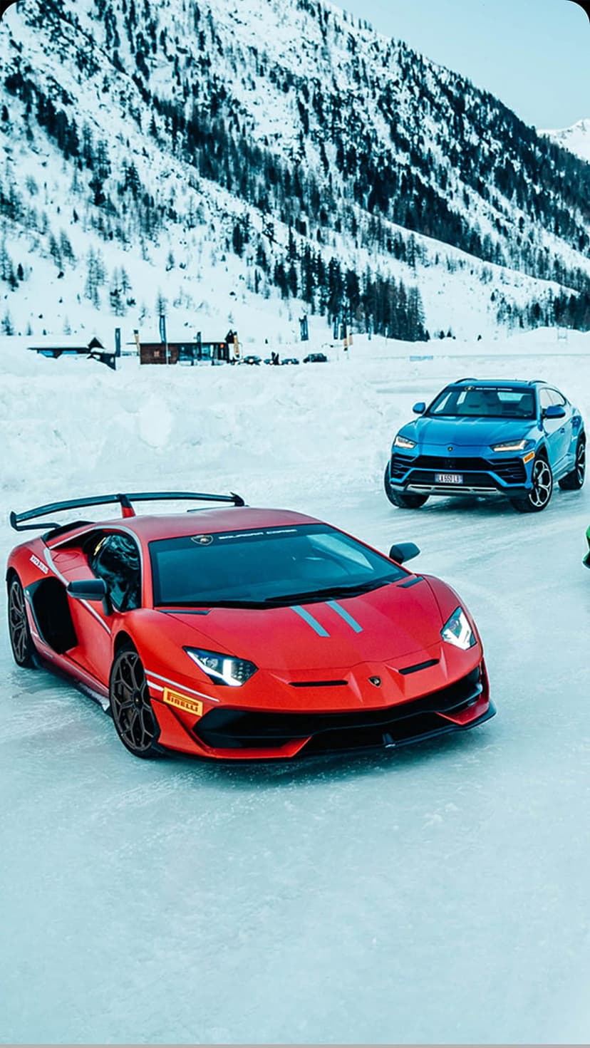 Red Aventador and blue Urus racing on a snowy mountain road lined with frost-covered pine trees and peaks.