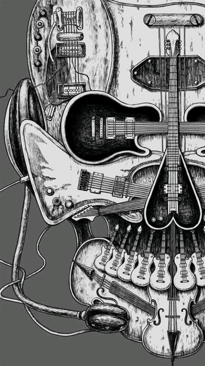 Electric guitars and a violin form a skull silhouette featuring detailed fretboards and ink-drawn textures.