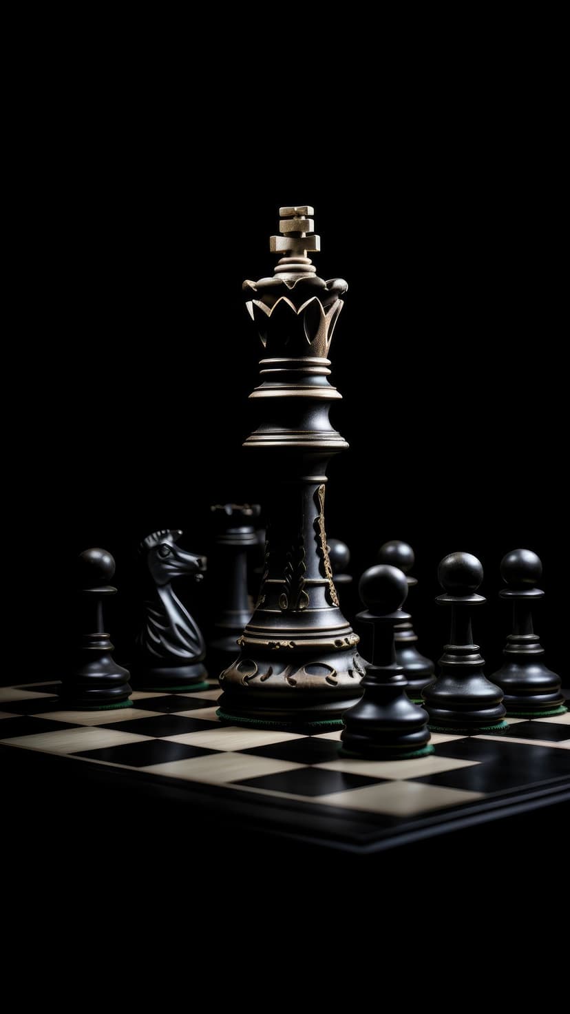 Black chess king with ornate carvings stands on a checkered board under dramatic low-key lighting.