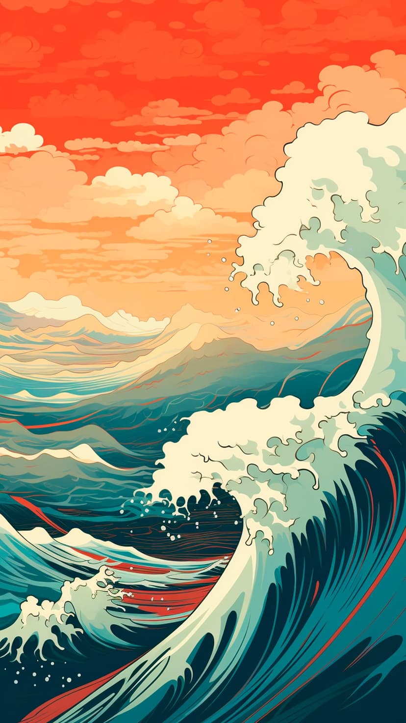 Giant blue waves with white foam peak against a bright orange sky and silhouettes of distant mountains.