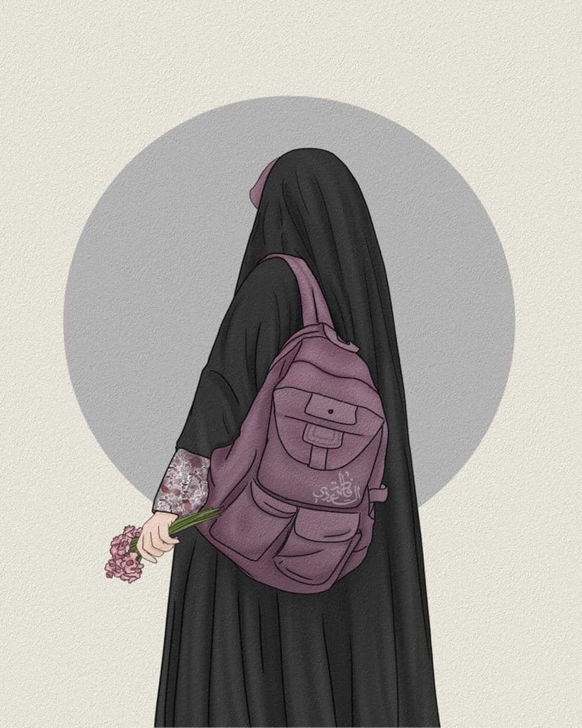 Woman in a black hijab and abaya holds pink flowers with a purple backpack against a grey circular backdrop.