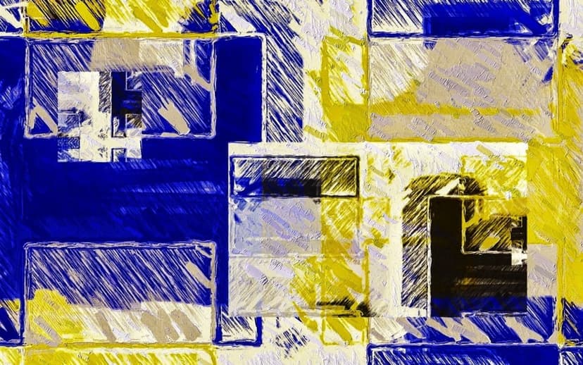 Sapphire and yellow rectangles with charcoal-style textures overlap in a vertical geometric abstract composition.