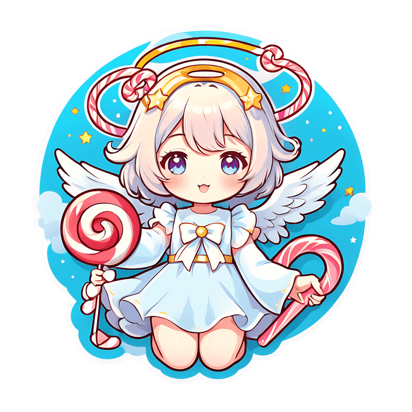 Chibi angel sticker with white hair and purple eyes holding a red lollipop and candy cane in a blue sky.