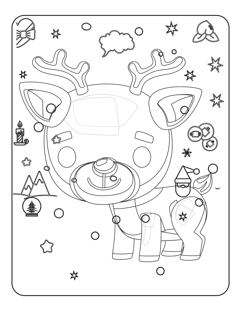 Reindeer coloring page featuring black line art of a holiday deer with ornaments, stars, and winter scenery.