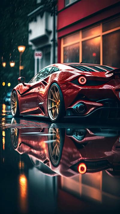 Red Ferrari on Wet City Street at Night