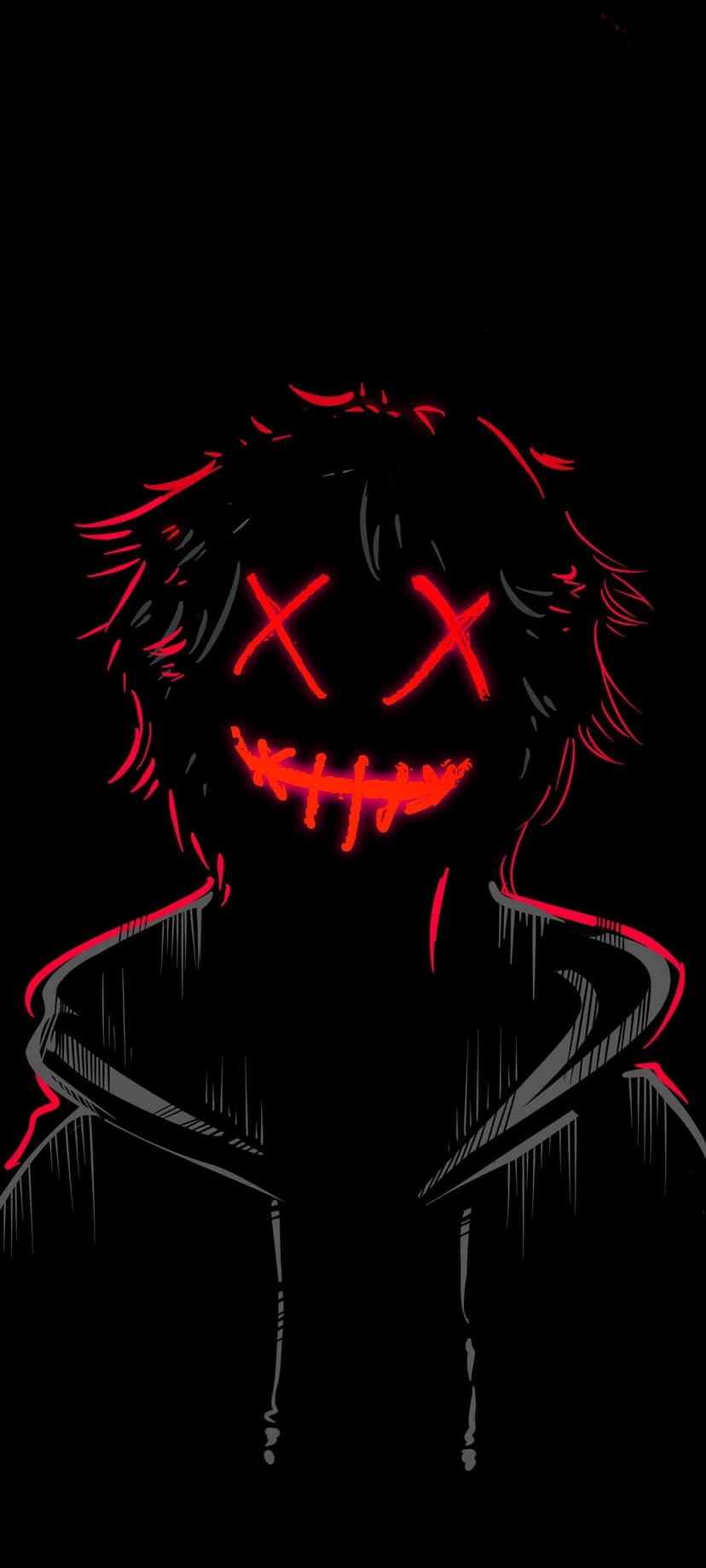 Masked figure in a black hoodie with glowing red X eyes and a stitched smile against a dark background.