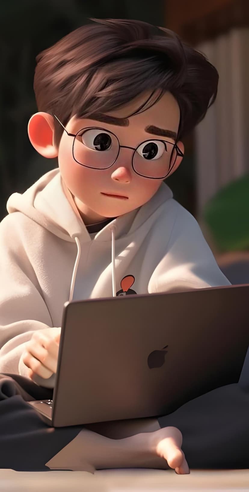 Teenage boy with glasses and a white hoodie looks at a laptop screen during a quiet outdoor study session.