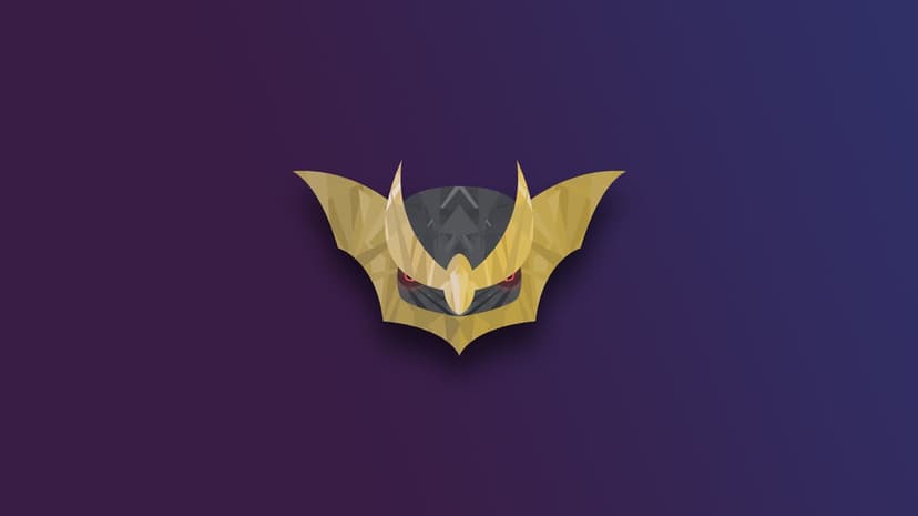 Low-poly golden and grey owl head with red eyes centered on a dark purple gradient background.